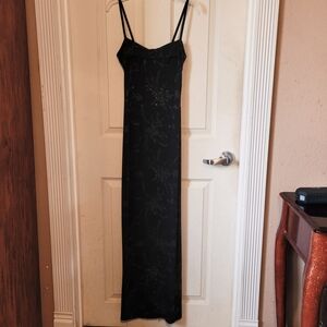 Vintage JUMP Black Glitter Rhinestones Floral Long Goth Black Dress